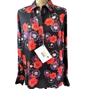 Massimo Rebecchi Women's Black Floral Long Sleeve Button Up Polo Shirt Sz 6/42